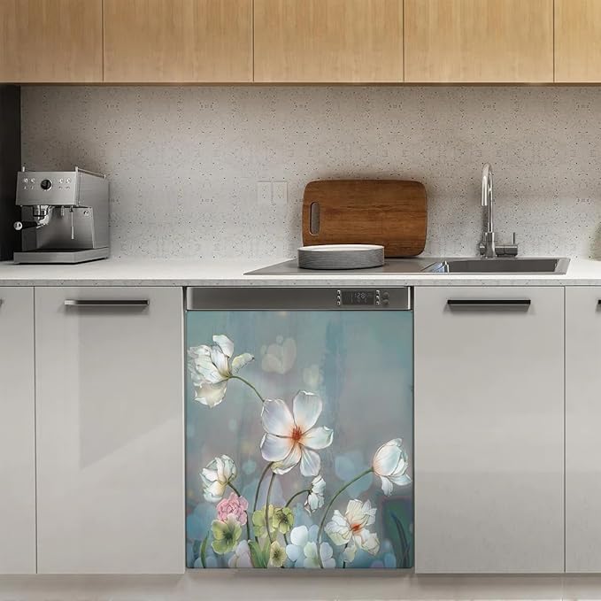 Dishwasher Magnet Cover Blooming White Flowers Front Dishwasher Cover Decoration Reusable Magnetic Door Cover Panel Decal Home Appliances Stickers Kitchen Refrigerator Fridge 23"x26"