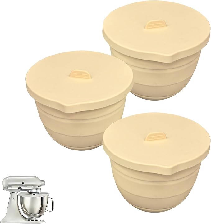 Silicone Bowl Liners for Kitchen,Silicone Liners Mixer for 5 Qt Tilt-Head KitchenAid Mixers,Mixer Bowl Accessories and Attachments with Lids,Beige 3PCS