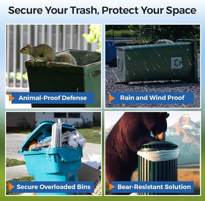 Trash Can Lock for Animals, 2PCS Adjustable Straps Garbage Can Locks for 28-100 Gallon Outdoor Bins, Bear Proof Trash Can Lock with Anti-Rust Metal Buckle, One-Hand Release Lid Locking Design