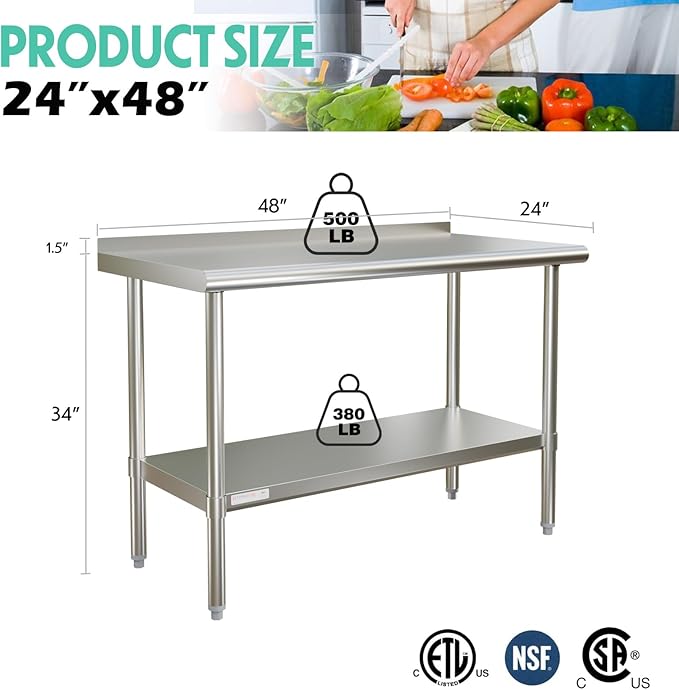 STABLEINK NSF Stainless Steel Prep & Work Table 24 x 48 Inches 4ft Heavy Duty Metal Table with Backsplash and Undershelf for Commercial Kitchen, Restaurant, Hotel, Laundry and Garage