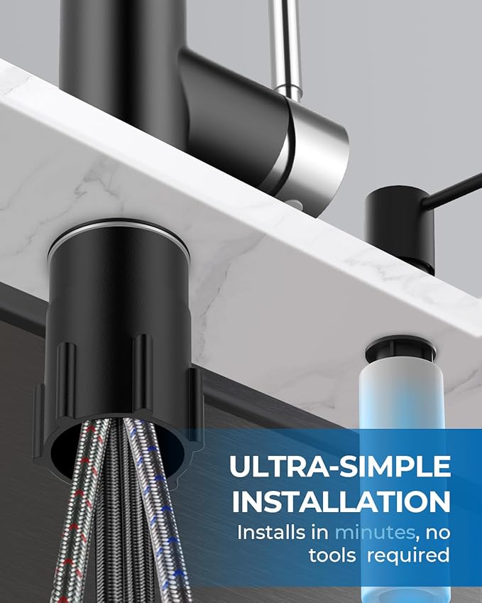 WEWE Kitchen Faucet with Soap Dispenser and Pull Down Sprayer, RV Single Handle Classic 3 Modes Stainless Steel Faucet for Kitchen Sink, RV, Black and Polished Chrome
