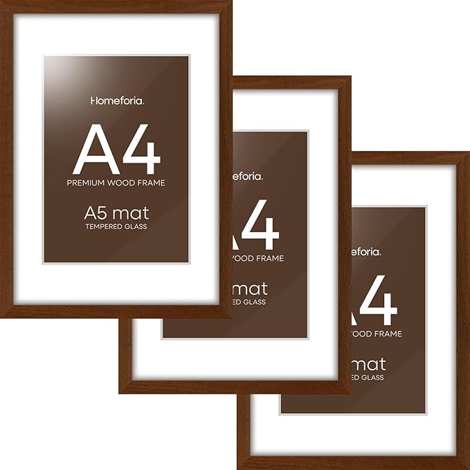 Homeforia A4 Picture Frame Brown Wood, High-End Dark Oak 8.3 x 11.7 Poster Walnut Frames Matted to 5.8 by 8.3 inch Photo, A4 Size Wooden Frame with Mat for A5 Print, Tempered Glass, Wall Kit, Set of 3