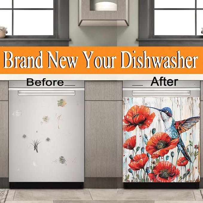 Beautiful Red Poppy Flowers Kitchen Decor Dishwasher Sticker Art Magnet Cover for Door Panels, Hummingbird Rustic Wood Grain Refrigerator Fridge Magnetic Decals for Home Appliance,23x26 in