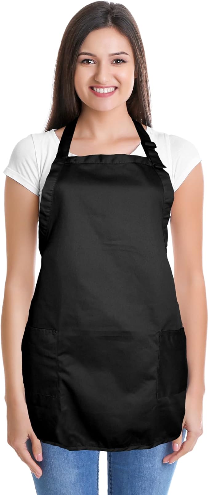 DALIX Apron Commercial Restaurant Home Bib Spun Poly Cotton Kitchen Aprons (2 Pockets) in Black 12 Pack