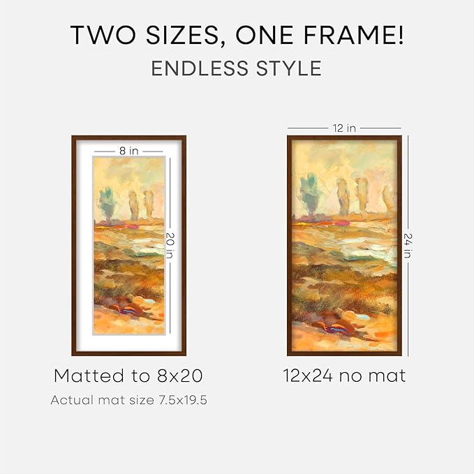 Homeforia 12x24 Picture Frame Brown, High End Dark Oak 12x24 Walnut Wood Poster Frame with Mat 8x20 Print, 12 x 24 Wooden Frame Matted to 8 x 20 Photo, 24x12 Frames, Tempered Glass, Wall Kit, Set of 3