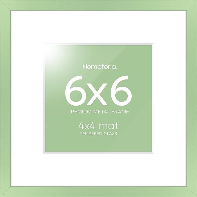 Homeforia 6x6 Sage Green Frame, High End Metal 6 x 6 Square Picture Frame with Mat 4 by 4 Art, 6x6 Photo Frame Matted to 4x4 inch Print, 6by6 Wall or Tabletop Frames, Tempered Glass, Wall Kit, Set of 1