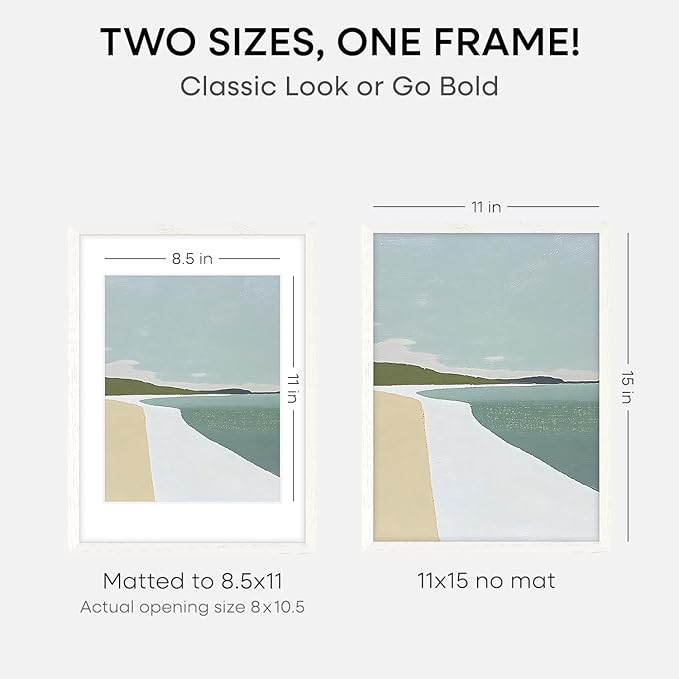 Homeforia White Frame 11x15 Wood, High End Oak 11x15 Picture Frames with Mat 8.5x11, 11 x 15 White Wooden Poster Frames Matted to 8.5 x 11 inch Photo, 15by11 Frames, Tempered Glass, Wall Kit, Set of 1