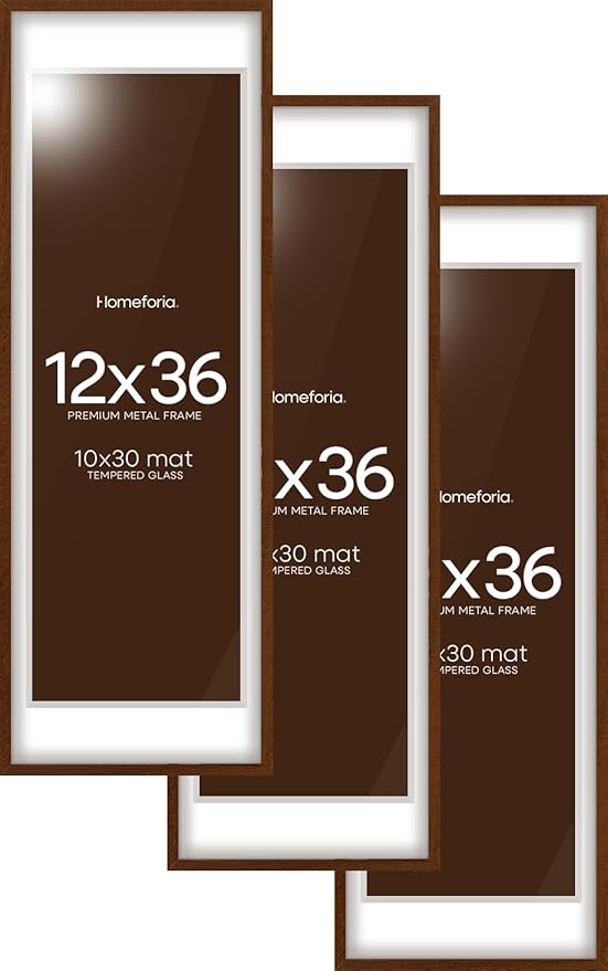 Homeforia 12x36 Picture Frame Brown, High End Dark Oak 12x36 Walnut Wood Poster Frame with Mat 10x30 Art, 12 x 36 Wooden Frame Matted to 10 x 30 Photo, 36x12 Frames, Tempered Glass, Wall Kit, Set of 3
