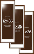 Homeforia 12x36 Picture Frame Brown, High End Dark Oak 12x36 Walnut Wood Poster Frame with Mat 10x30 Art, 12 x 36 Wooden Frame Matted to 10 x 30 Photo, 36x12 Frames, Tempered Glass, Wall Kit, Set of 3