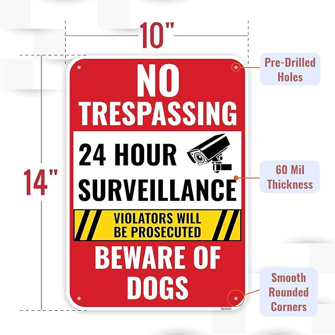 2PC 24 Hour Surveillance Sign, 14 x 10 Inches - Aluminum - Beware Of Dog Private Property No Trespassing - Security Camera Metal Warning Sign