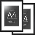 Homeforia A4 Picture Frame Black Wood, High-End Oak 8.3 x 11.7 Black Poster Frames Matted to 5.8 by 8.3 Photo, 8.3x11.7 Size Wooden Frame with Mat for 5.8x8.3 Print, Tempered Glass, Wall Kit, Set of 2