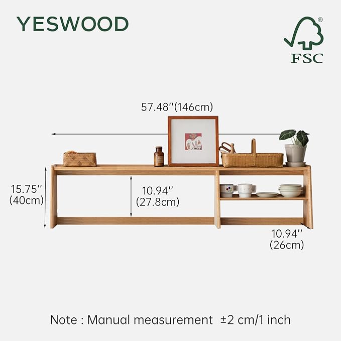 YESWOOD 100% Solid Rubberwood Kitchen Counter Hutch Shelf, Fully Assembled Countertop Organizer Storage Rack, Buffet Hutch Shelf with Trapezoid Structure for Kitchen & Dining Room (Natural, 57.5'')