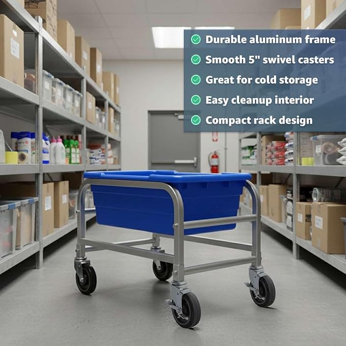 16"x26"x19" Mobile Aluminum Lug Rack - 1 Lug Capacity, NSF Commercial Portable Cart with 5" Swivel Casters and Brakes, Heavy-Duty 150 lb Capacity Storage Rack, Freezer Safe, Utility Dolly+K5