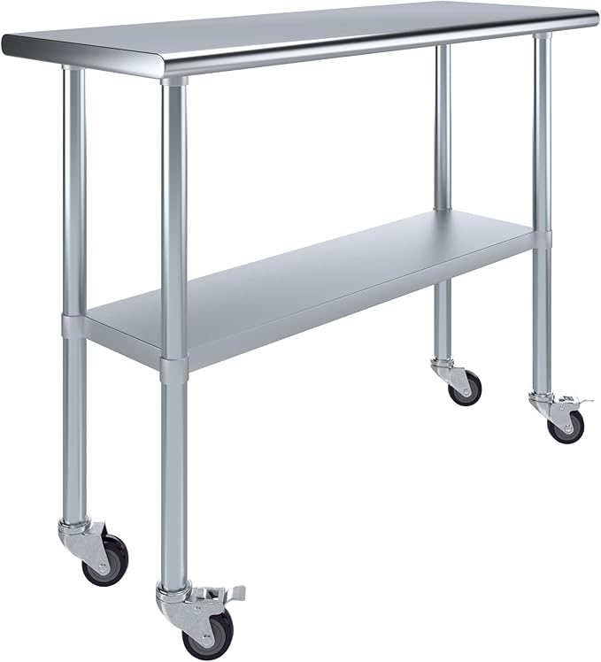 AmGood 48" Long x 18" Deep Stainless Steel Table with Casters