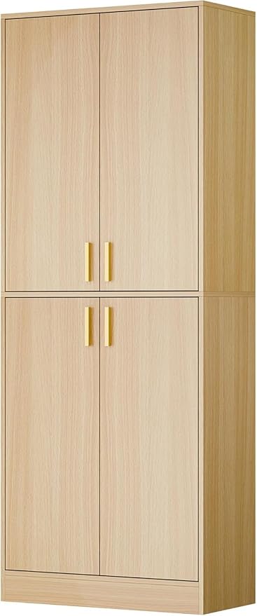 Cozy Castle Kitchen Pantry Cabinet, 71" Tall Wood Storage Cabinet with Doors and Shelves 4 Doors Freestanding Cupboard for Dining Room Living Room Bathroom Furniture, Oak