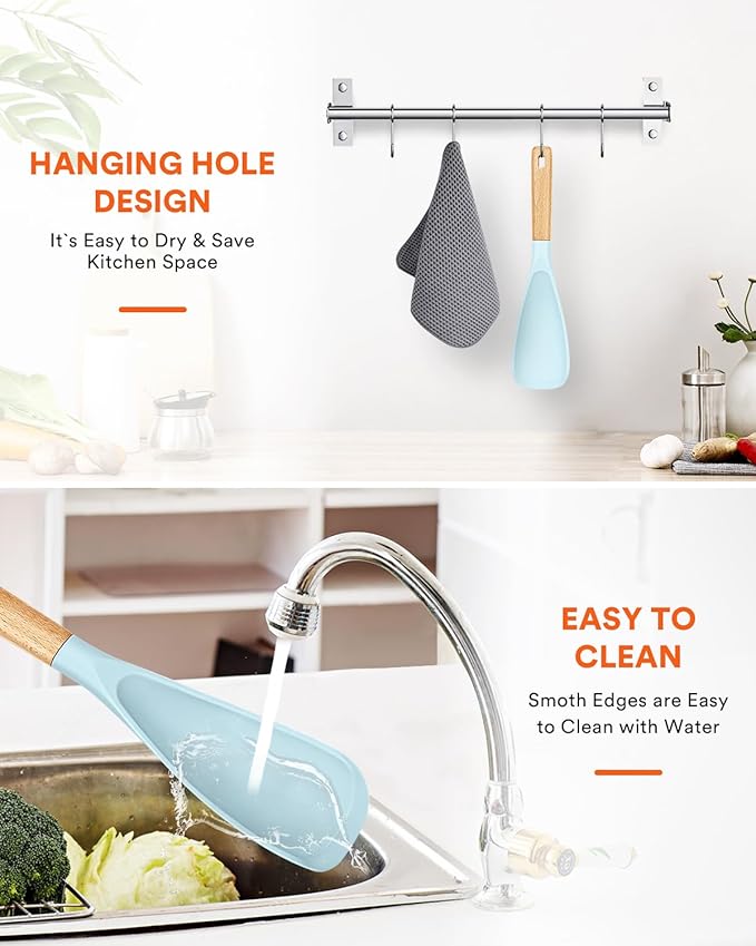 Cooking Spoon for Nonstick Cookwares, Great for Cooking and Serving Sturdy BPA-Free Matte Silicone, Wood Handle Spoon for Mixing, Scoop, and Scrape (BLUE, 11.4 inch)