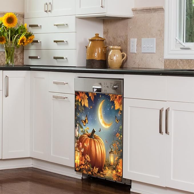 Autumn Pumpkin Maple Leaves Dishwasher Magnet Cover for The Front Dishwasher Door Cover Panel Decals Magnetic Refrigerator Cover for Kitchen Farmhouse Home Decor 23 X 26 in