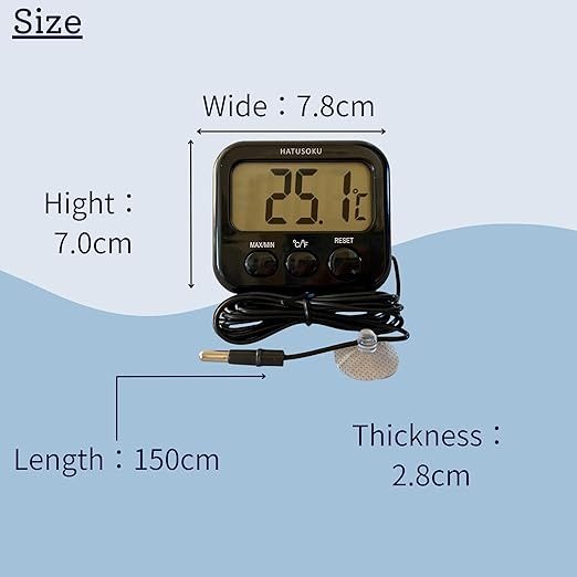 Digital Thermometer with External Sensor, Magnet, Suction Cup, Water Thermometer, Aquarium, Refrigerator, Freezer (Black)