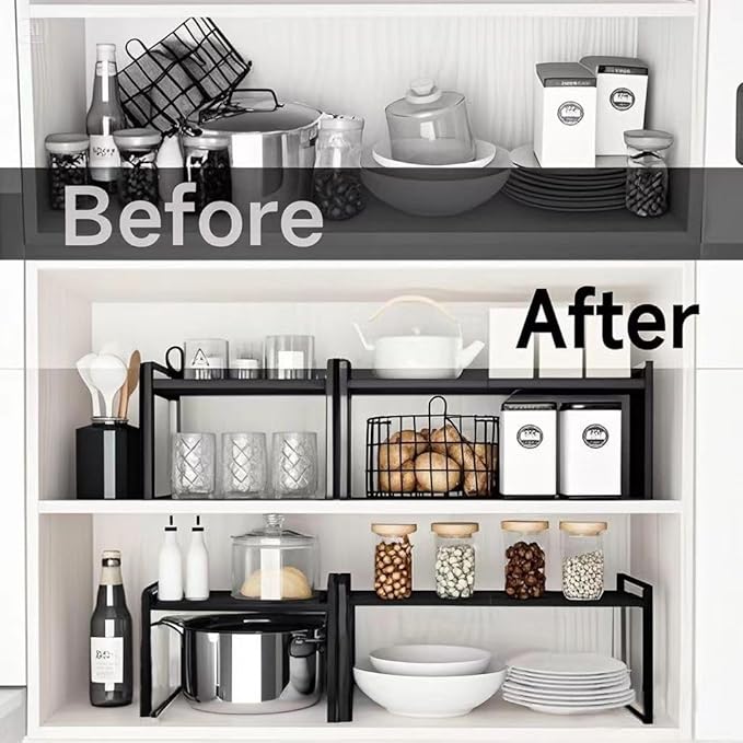 Microwave Oven Rack Expandable Countertop Heavy Duty Microwave Shelf 2-Tier Adjustable Metal Storage Shelf Rack for Kitchen (Black-S)