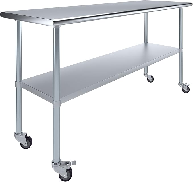 AmGood 72" Long x 24" Deep Stainless Steel Table with Casters