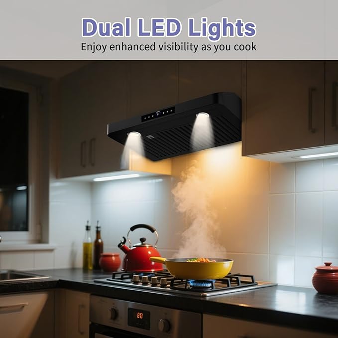 30 Inch Under Cabinet Range Hood,1200CFM Vent Hood with Powerful Suction,4-Speed Exhaust Fan,Stainless Steel Ducted Kitchen Hood Extractor with Led Lights,Smart Touch Panel,Black,15S-E30BK