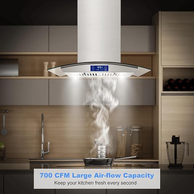 Island Range Hood 30 Inch 700 CFM Gesture & Touch Control Ceiling Mount Stainless Steel Kitchen Vent Hood, Kitchen Exhaust Hood, Ducted/Ductless Convertible 3-speed Ventilation Fan Switchable