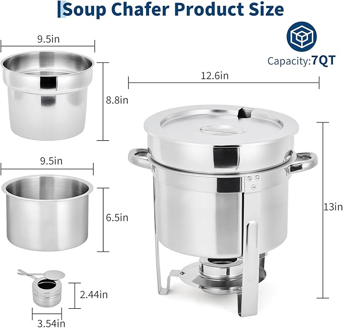 GarveeHome 7QT Soup Chafer Set of 2, Stainless Steel Round Soup Warmer with Pot, Notched Lids & Fuel Holders, Commercial Food Warmer for Buffets, Events and Party Service