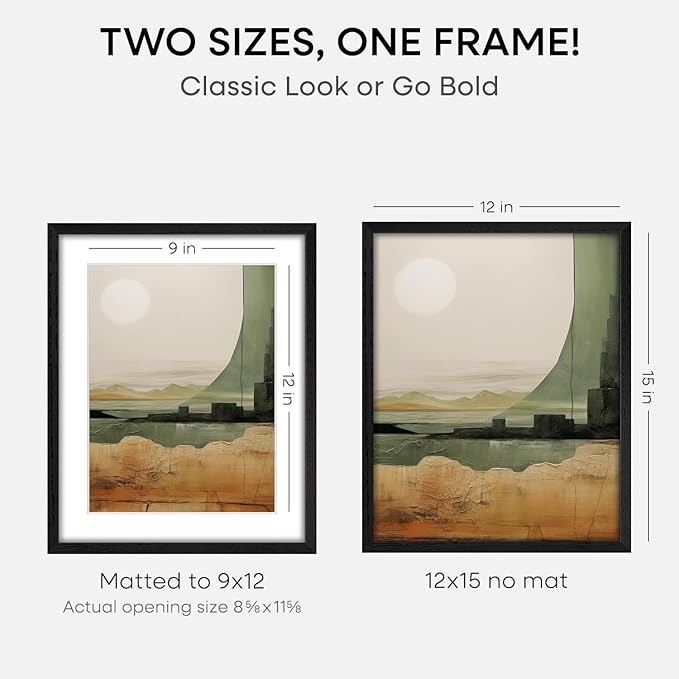 Homeforia 12x15 Black Wood Picture Frame, High End Oak 12x15 Poster Frames with Mat 9x12 Print, 12 x 15 Black Wooden Frame Matted to 9 by 12 Photo, 15x12 Thin Frame, Tempered Glass, Wall Kit, Set of 2