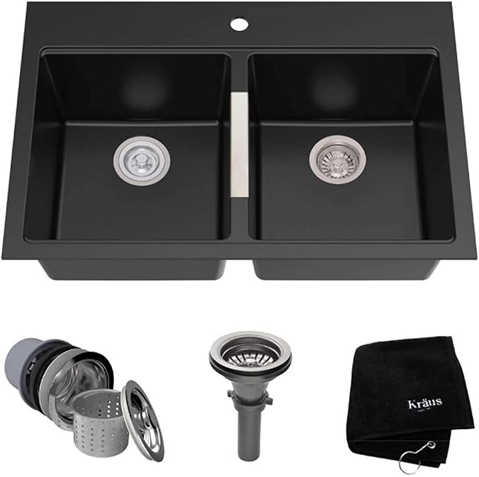 KRAUS Quarza 33-inch Drop-In/Undermount 50/50 Double Bowl Granite Kitchen Sink in Black Onyx, KGD-433B