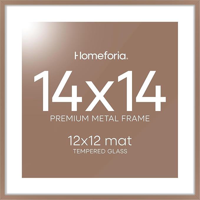 Homeforia 14x14 Picture Frame Mocha, High End Metal 14 x 14 Square Poster Frames with Mat 12 x 12 Photo, 14x14 Mocha Frame Matted to 12x12 Print, 14by14 Thin Frames, Tempered Glass, Wall Kit, Set of 1