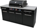 Mont Alpi Premium 70"W x 24"D Black Stainless Steel Compact Outdoor Kitchen Island with Access Doors + 32"W 4-Burner BBQ Grill with Infrared Rear Burner + Storage Cabinets + White Granite Countertops