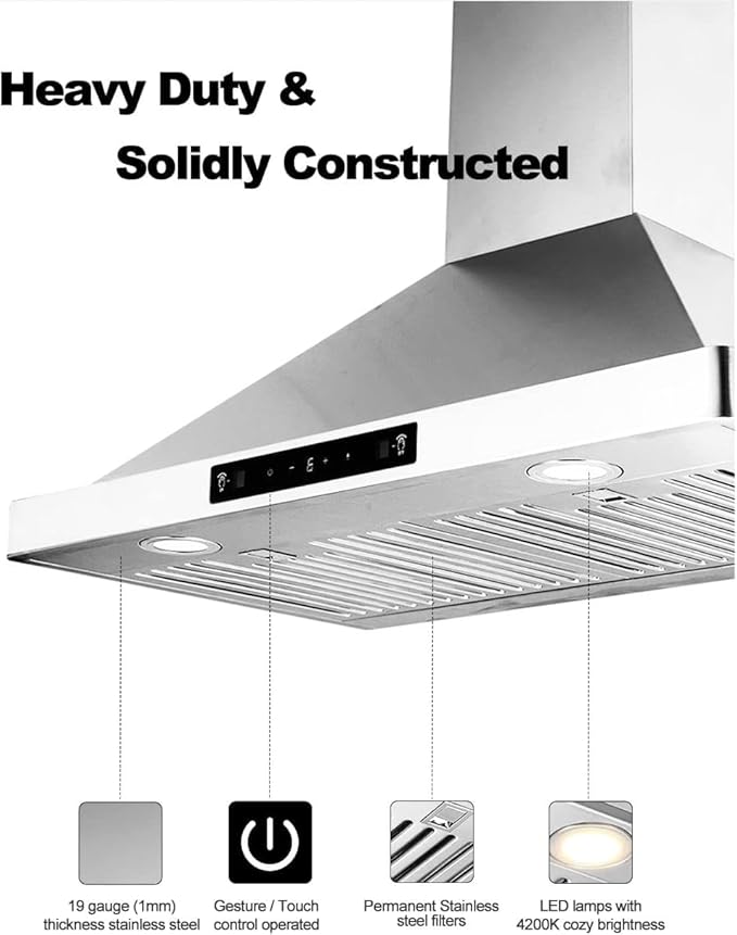 Wall Mounted Range Hood 30inch, with 800CFM Powerful Yet Quiet DC Motor, Stainless Steel Permanent Filters, LED lamps