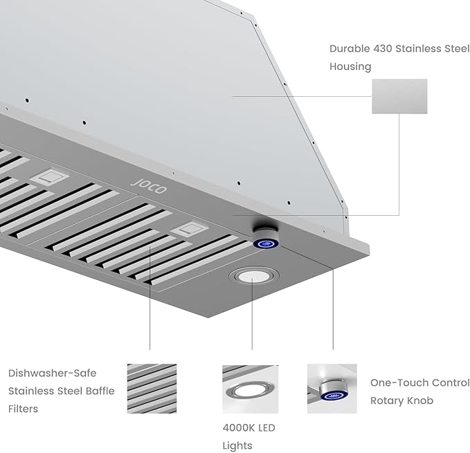 JOCO 27.75 Inch Built-in/Insert Range Hood, 900 CFM Stainless Steel Kitchen Vent Hood, Convertible for Ducted or Ductless Installation, 4-Speed Knob Control