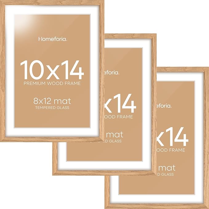 Homeforia 10x14 Picture Frame Wood, High End Natural Oak 10x14 Light Wooden Poster Frames with Mat 8x12, 10 x 14 Frames Matted to 8 x 12 Photo, 14x10 Hanging Frames, Tempered Glass, Wall Kit, Set of 3