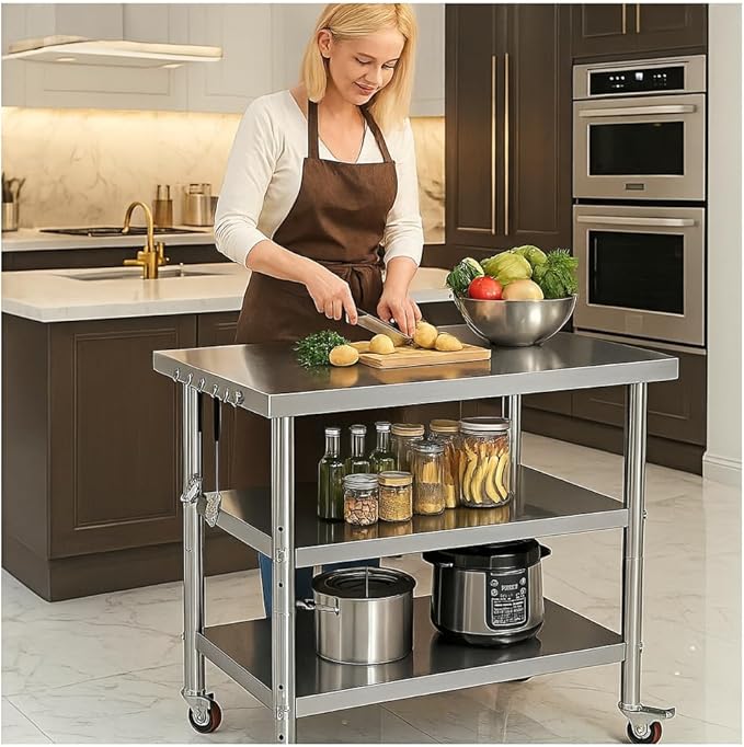 Stainless Steel Table with Wheels for Food Preparation and Work, Multi-Size Optional, Three-Layer Variable Two-Layer Metal Commercial Workbench Outdoor, Restaurant, Kitchen (24" Lx24 Wx35 H)