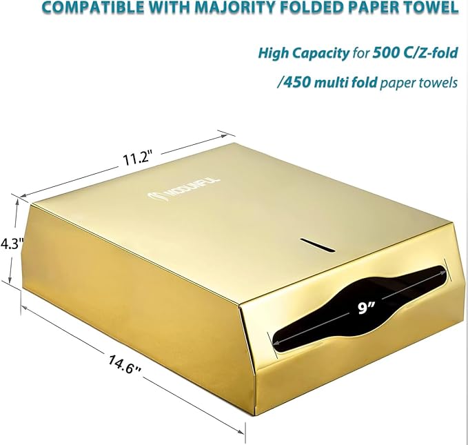 Commercial Paper Towel Dispenser Gold - Multifold Paper Towel Dispenser Wall Mount, High Capacity Stainless Steel Tissue Holder, Suitable for Bathrooms and Public Places