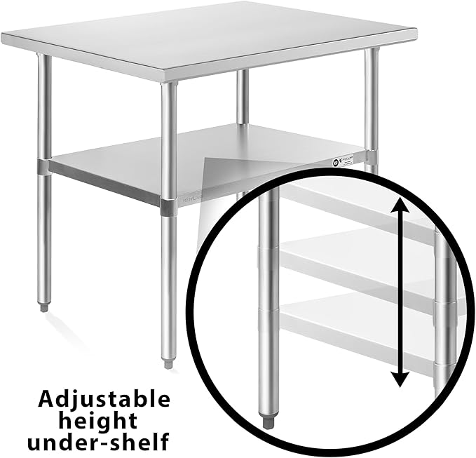 KUTLER Stainless Steel Table 30 x 48 Inches, NSF Heavy Duty Commercial Kitchen Prep and Work Table with Undershelf for Restaurant, Hotel, Home