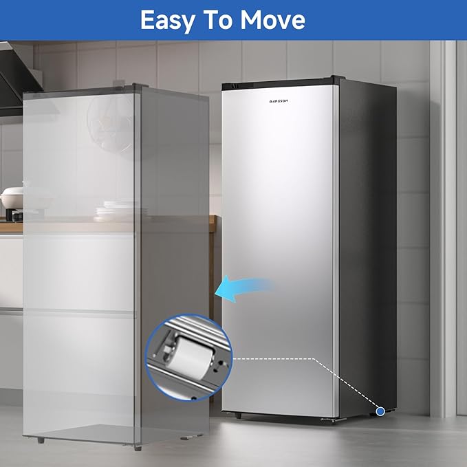 BANGSON 6.5 Cu.ft Upright Freezer, Stand up Freezer with Adjustable Thermostat, Removable Shelves, Reversible Single Door, for Bedroom/Home/Dorms/Apartment, Silver