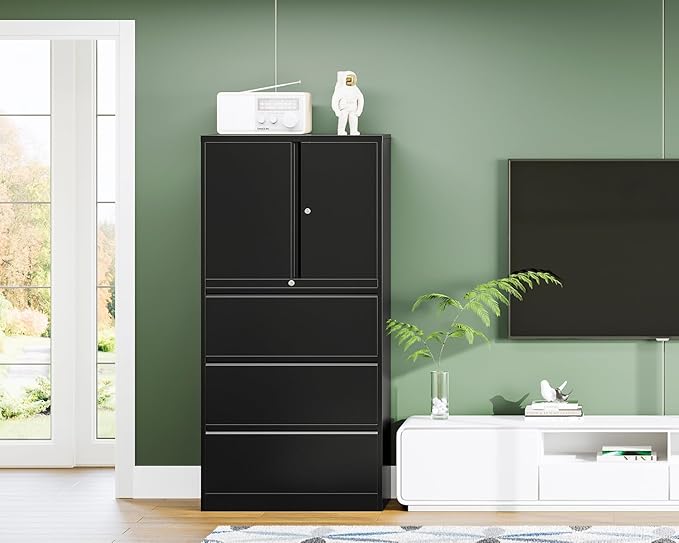 Letaya 3 Drawer Metal Storage Cabinets for Home Office,File Cabinet with Lock and 2 Adjust Shelves-Hang Filing Legal/Letter/A4/F4 Size（Black