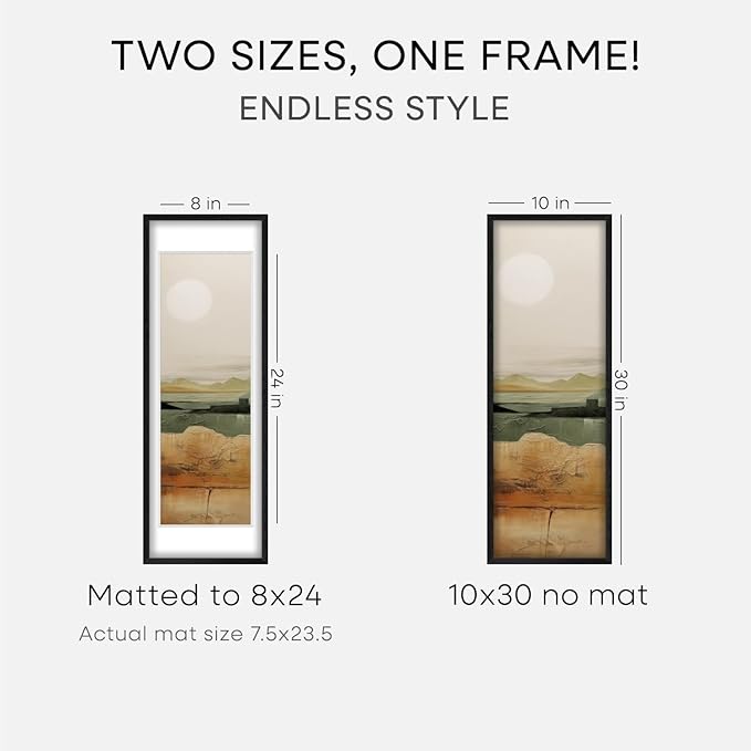 Homeforia 10x30 Black Wood Picture Frame, High End Oak 10x30 Poster Frames with Mat 8x24 Print, 10 x 30 Black Wooden Frames Matted to 8 by 24, 30x10 Panoramic Frame, Tempered Glass, Wall Kit, Set of 2