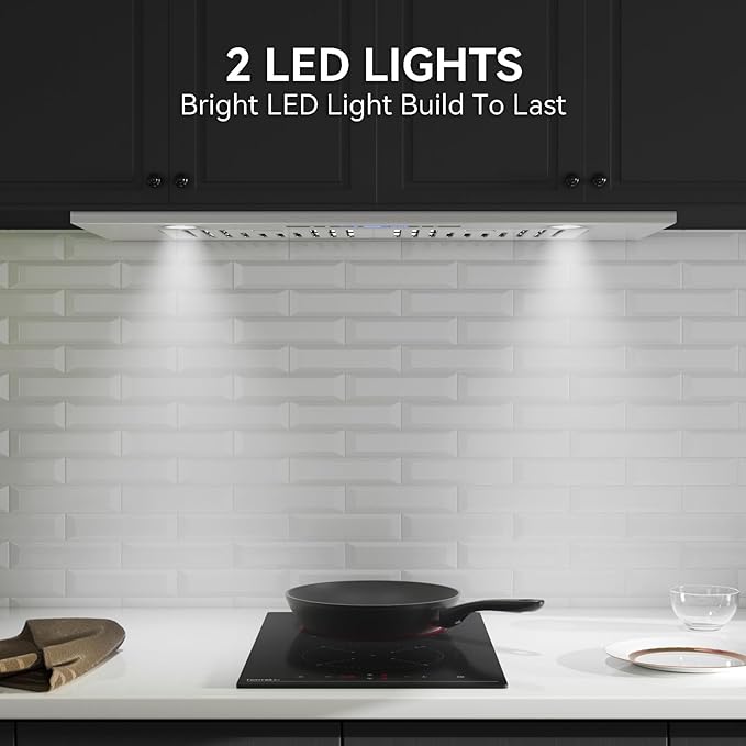 Hermitlux 30 inch Built-in/Insert Range Hood, 600 CFM Stainless Steel Vent Hood with 3 Speed Gesture Sensing & Touch Control Panel, Ducted/Ductless Convertible, LED Light and Charcoal Filters