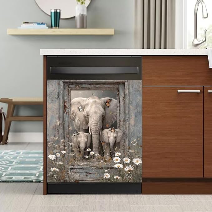 Elephant Dishwasher Magnet Cover - Kithcen Decorative Dishwasher Cover Front Door Panel Decal, Farm Wood Flower Refrigerator Magnet Fridge Sticker, Elephant Gifts for Women, 23x26 Inch