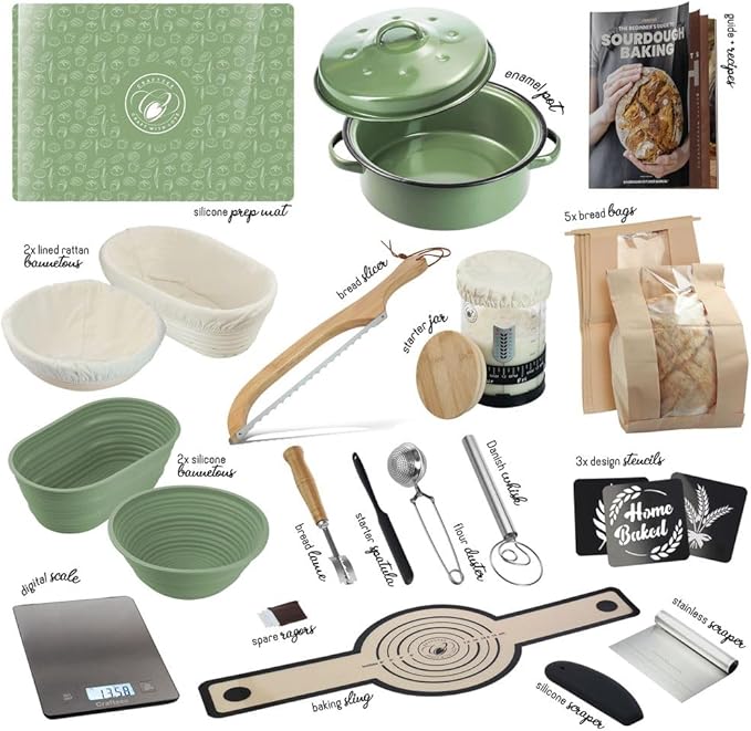 All-Inclusive 𝗣𝗥𝗘𝗠𝗜𝗨𝗠 Sourdough Starter Kit with Pot, 34 Oz Starter Jar, 4 Banneton Bread Proofing Baskets, Scraper, Scale, Sourdough Bread Baking Supplies, Detailed Beginner Guide & Recipes
