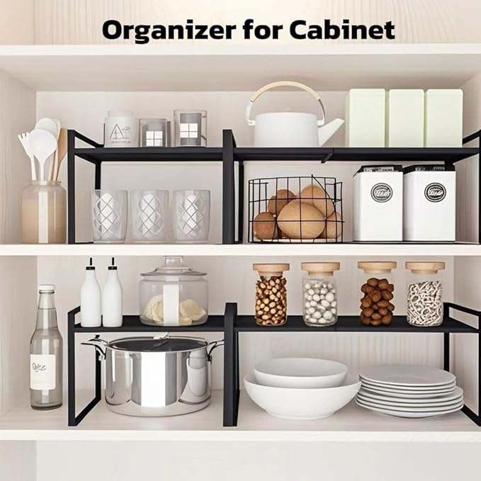 Microwave Oven Rack Expandable Countertop Heavy Duty Microwave Shelf 2-Tier Adjustable Metal Storage Shelf Rack for Kitchen (Black-S)