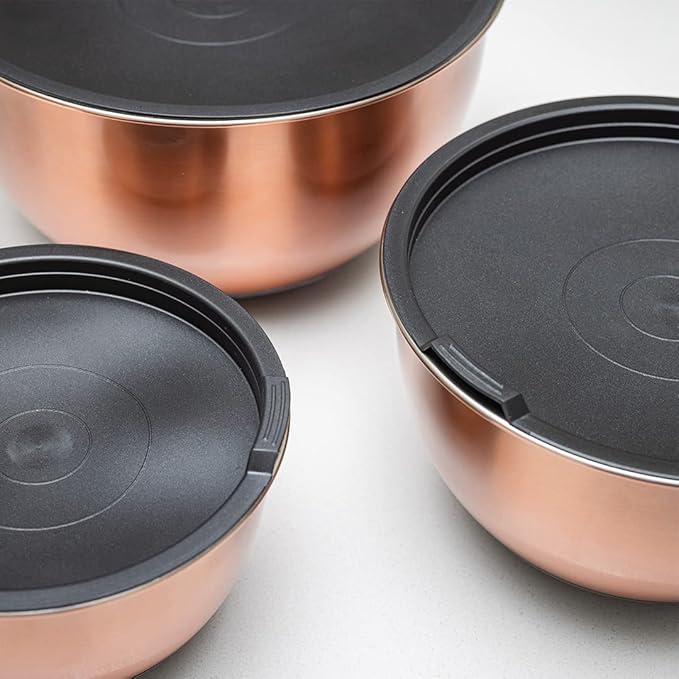 Samma Copper Mixing Bowls Set with Lids - Stainless Steel Interior, Non-Slip Black Silicone Base - Nesting Mixing Bowls for Baking, Cooking & Meal Prep (3-Piece Set)