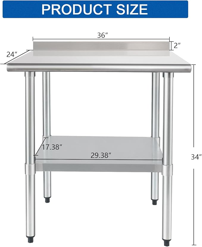 HARDURA Stainless Steel Table Prep & Work Table 24 x 36 Inches NSF Heavy Duty Commercial with Undershelf and Backsplash for Restaurant Kitchen Home and Hotel