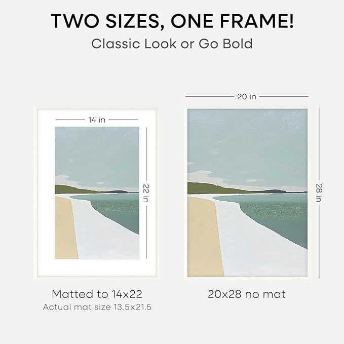 Homeforia 20x28 Picture Frame White, High End Oak 20 x 28 White Wood Poster Frames with Mat 14 by 22 Photo, 20x28 Wooden Frame Matted to 14x22, 28x20 Hanging Frames, Tempered Glass, Wall Kit, Set of 2