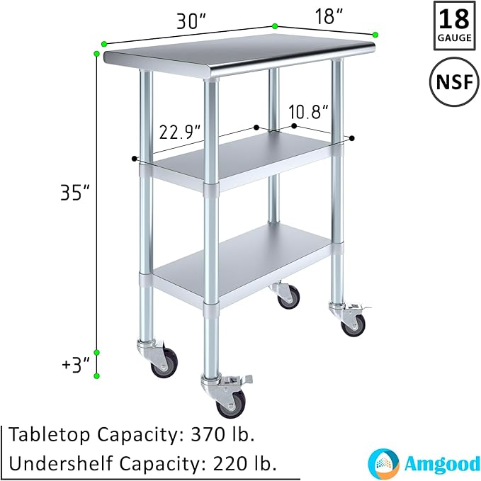 AmGood Stainless Steel Work Table with 2 Shelves and Casters | Metal Utility Table On Wheels (Stainless Steel Work Table with 2 Shelves + Casters, 30" Long x 18" Deep)