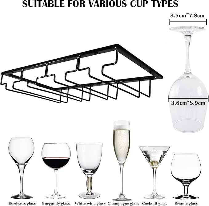 4 Rows Wine Glass Rack Under Cabinet Hanging Stemware Wine Glass Holder Under Shelf, 2 Packs Wire Wine Glasses Racks Hanger for Bar, Kitchen