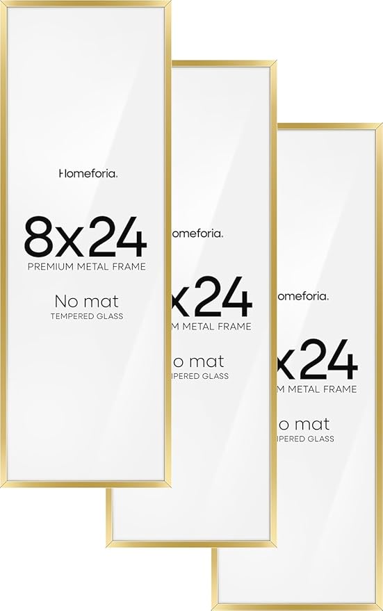 Homeforia 8x24 Panoramic Frame Gold, High End Metal 8 x 24 Picture Frames without Mat, 24x8 Hanging Gold Poster Frames for Wall, 8 by 24 inches Display Photo Frames, Tempered Glass, Wall Kit, Set of 3